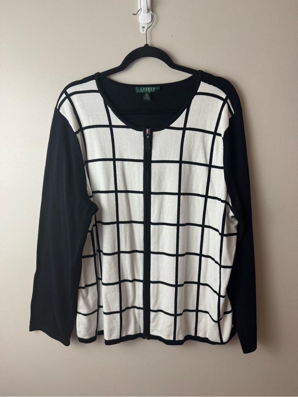 Lauren Ralph Lauren Black & White Grid Zip-Front Sweater 3XL